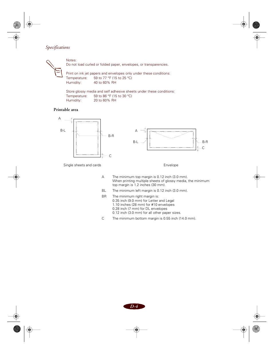 Specifications d-4 | Epson 850 User Manual | Page 135 / 147