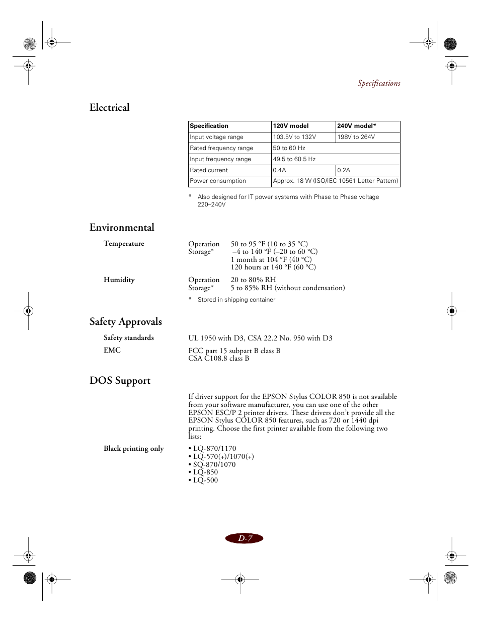Electrical, Environmental, Safty approvals | Dos support, Safety approvals | Epson 850 User Manual | Page 138 / 147