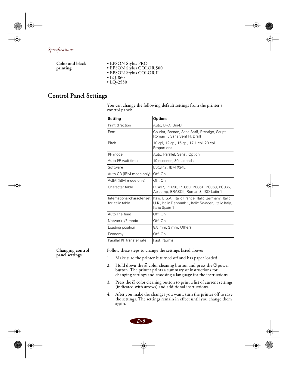 Control panel settings | Epson 850 User Manual | Page 139 / 147
