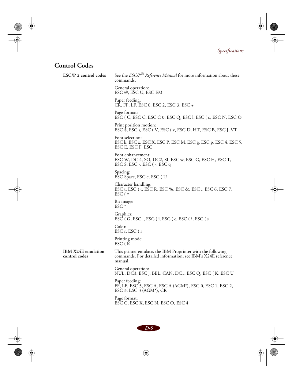 Control codes | Epson 850 User Manual | Page 140 / 147