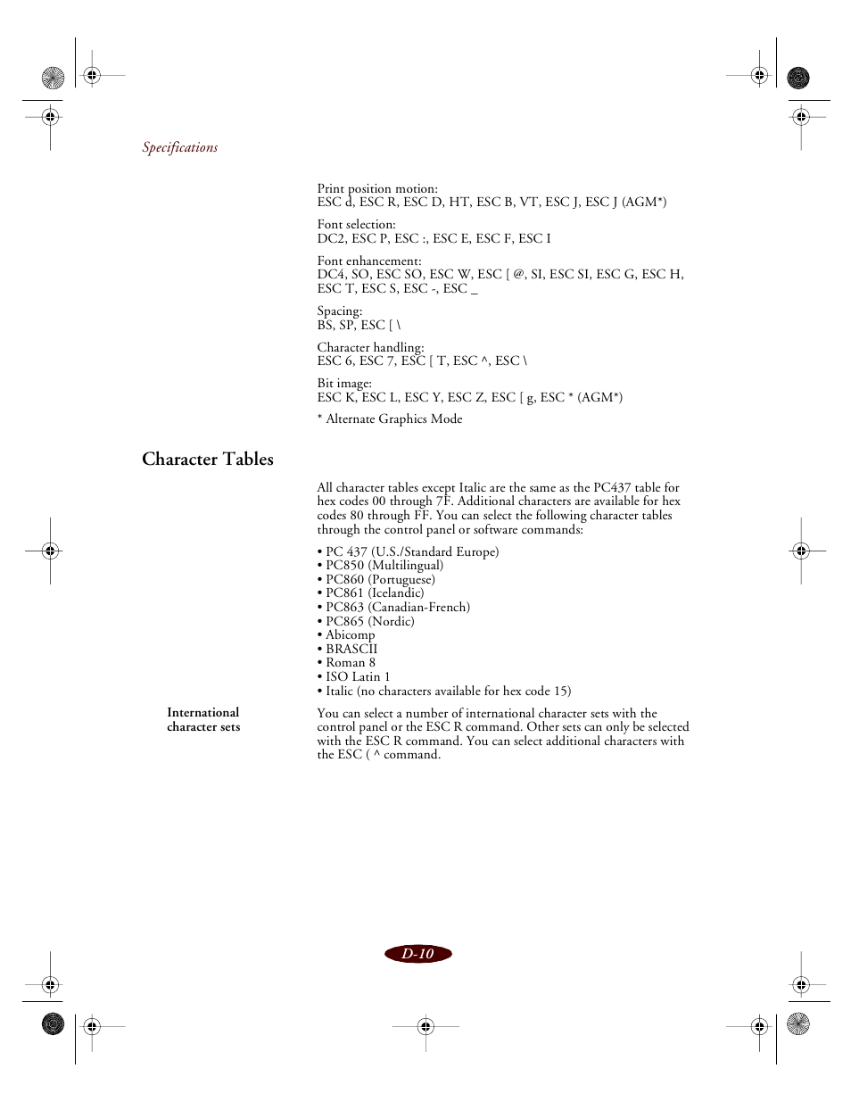 Character table, D-10, Character tables | Epson 850 User Manual | Page 141 / 147