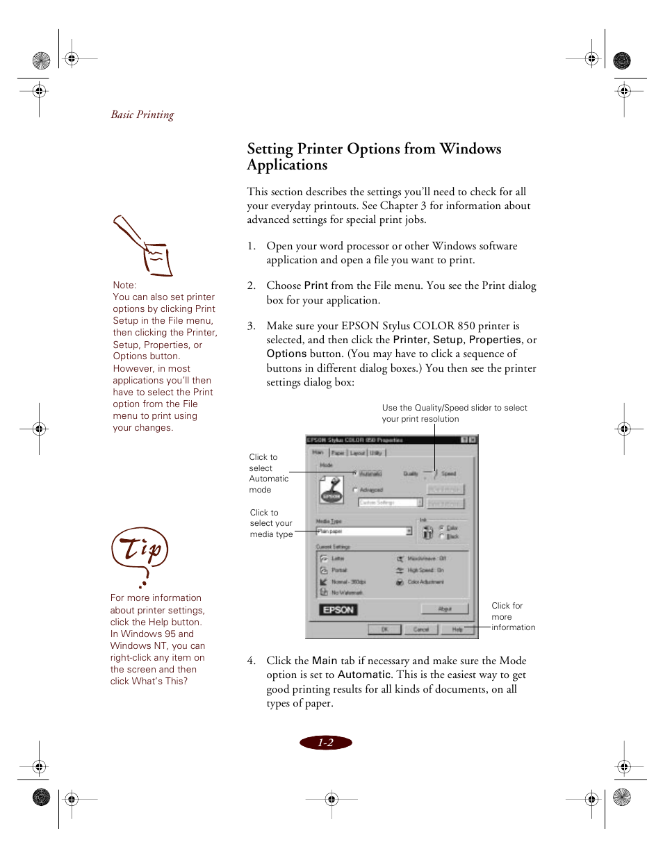 Setting printer options from windows applications | Epson 850 User Manual | Page 20 / 147