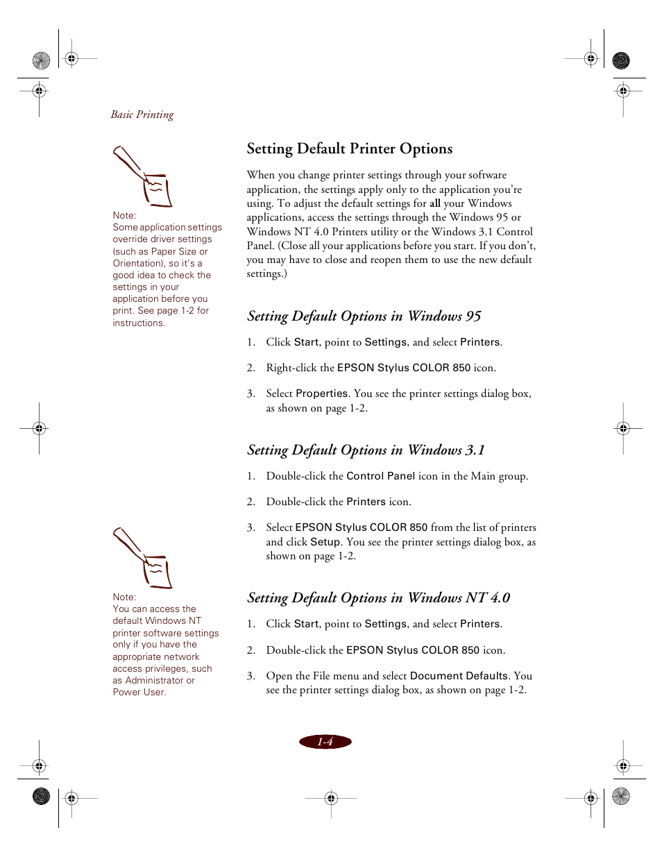 Setting default printer options, Setting default options in windows 95, Setting default options in windows 3.1 | Setting default options in windows nt 4.0 | Epson 850 User Manual | Page 22 / 147