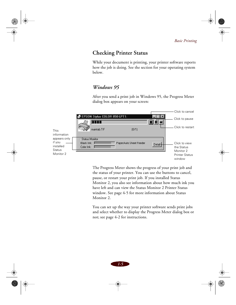 Checking printer status, Windows 95 | Epson 850 User Manual | Page 23 / 147