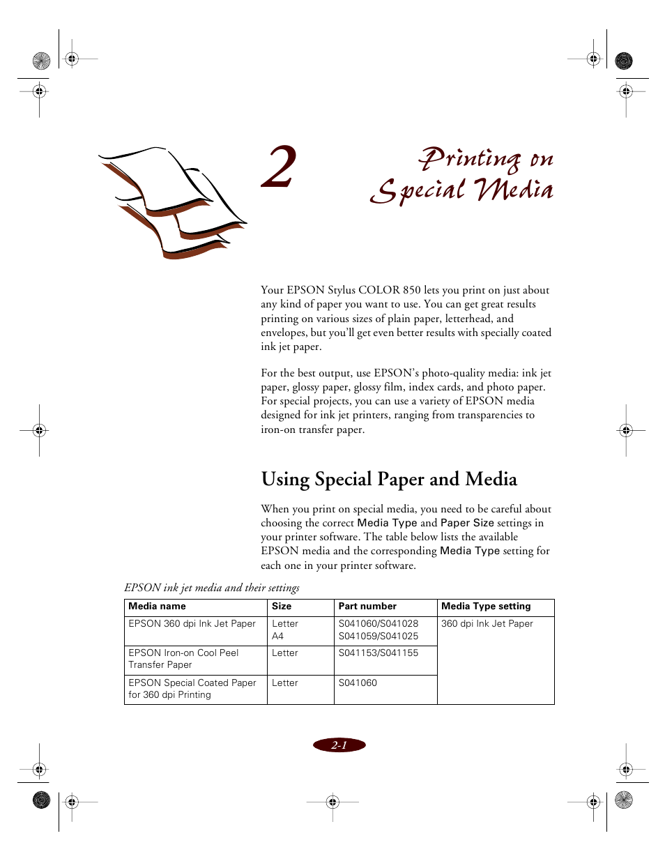 Chap 2-printing on special media, Using special paper and media, Printing on special media | Epson 850 User Manual | Page 29 / 147