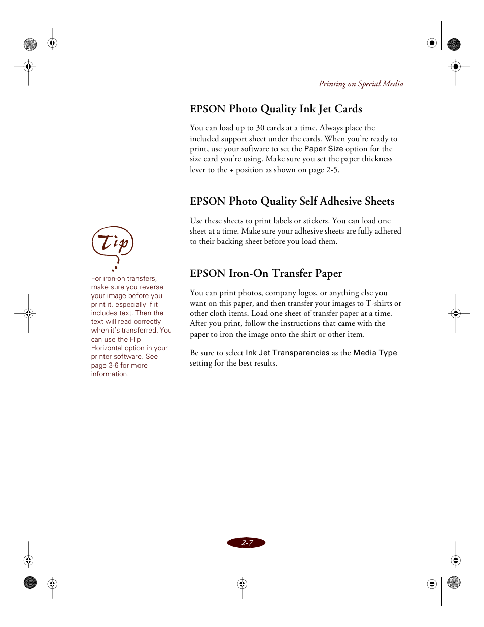 Epson photo quality ink jet cards, Epson photo quality self adhesive sheets, Epson iron-on transfer paper | Photo quality ink jet cards, Photo quality self adhesive sheets, Iron-on transfer paper, Epson | Epson 850 User Manual | Page 35 / 147