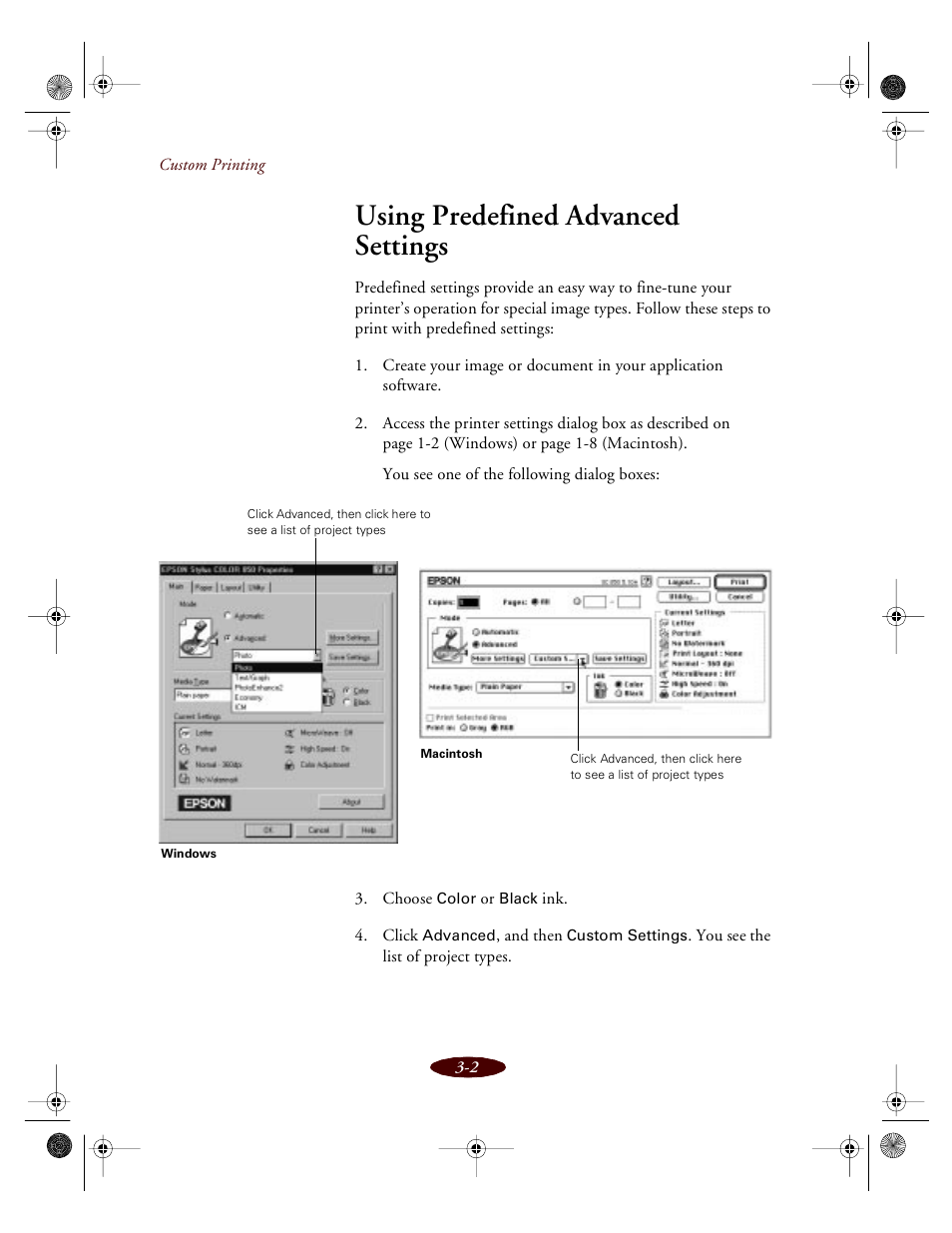 Using predefined advanced settings | Epson 850 User Manual | Page 37 / 147