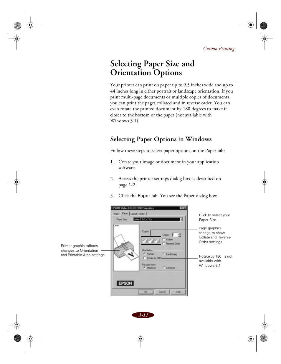 Selecting paper size and orientation options, Selecting paper options in windows | Epson 850 User Manual | Page 46 / 147