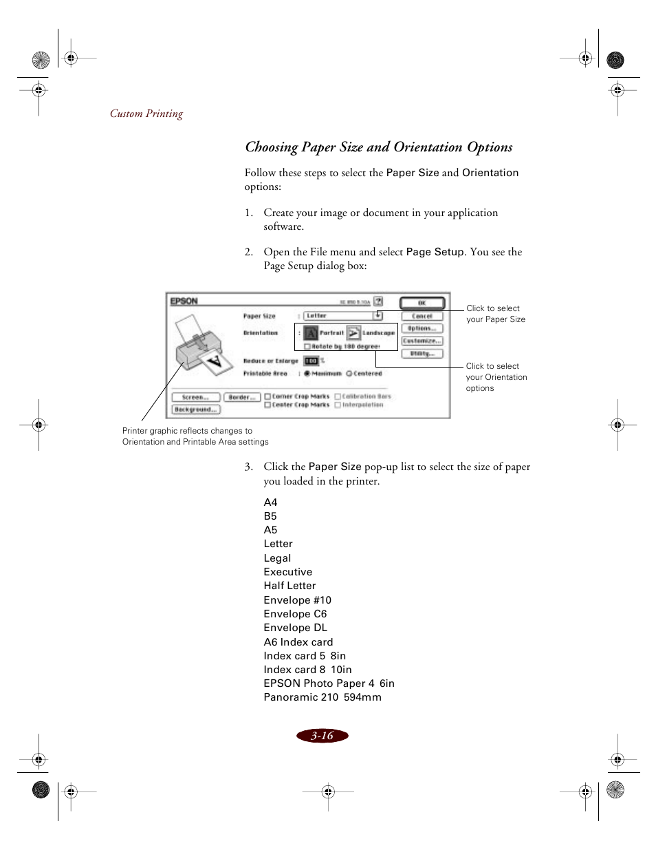 Choosing paper size and orientation options | Epson 850 User Manual | Page 51 / 147