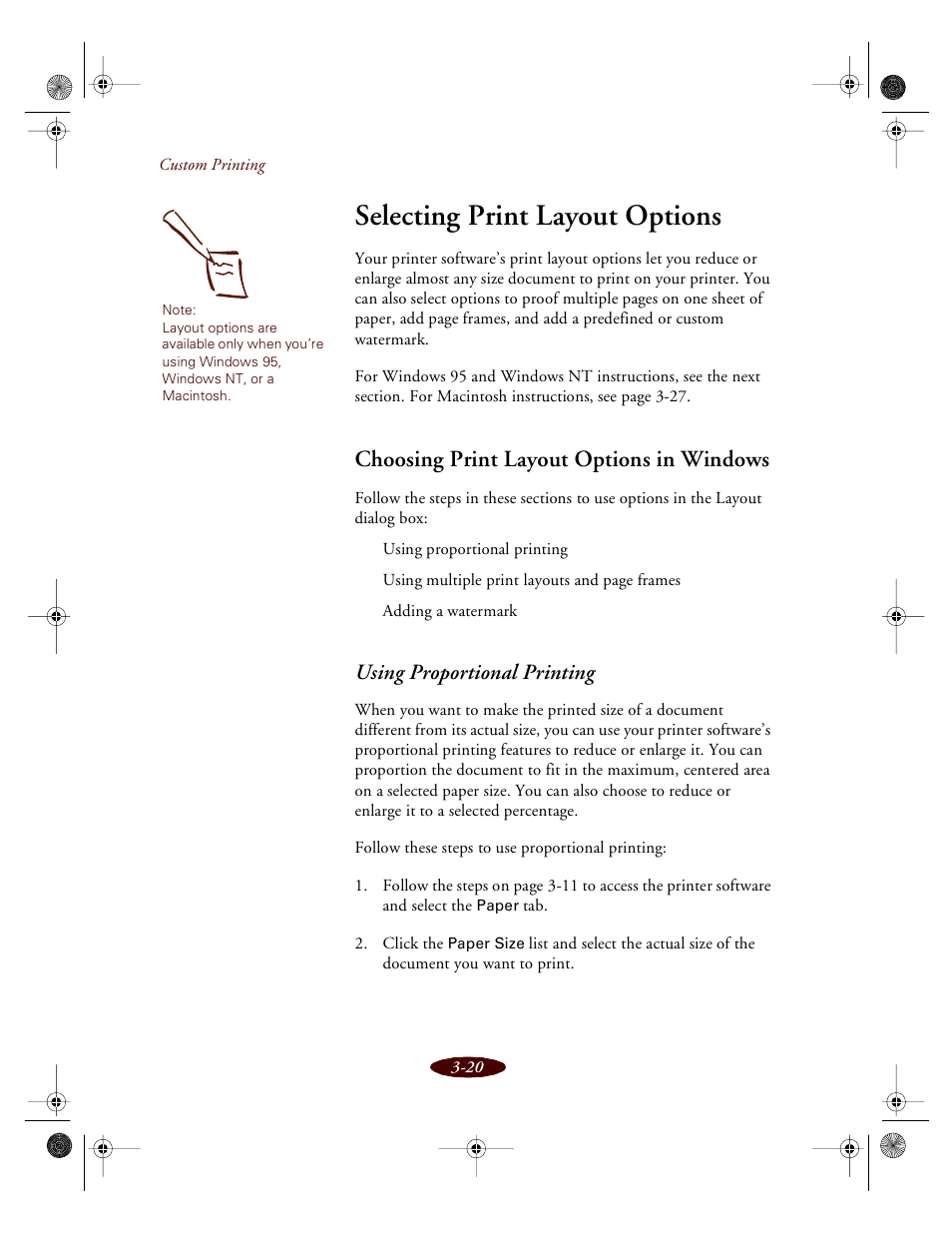 Selecting print layout options, Choosing print layout options in windows, Using proportional printing | Epson 850 User Manual | Page 55 / 147