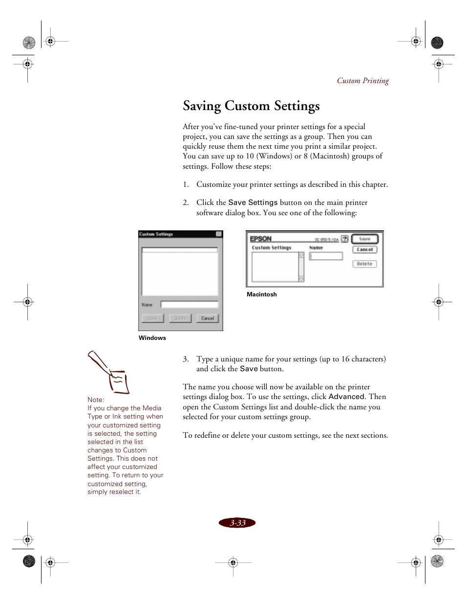 Saving custom settings | Epson 850 User Manual | Page 68 / 147