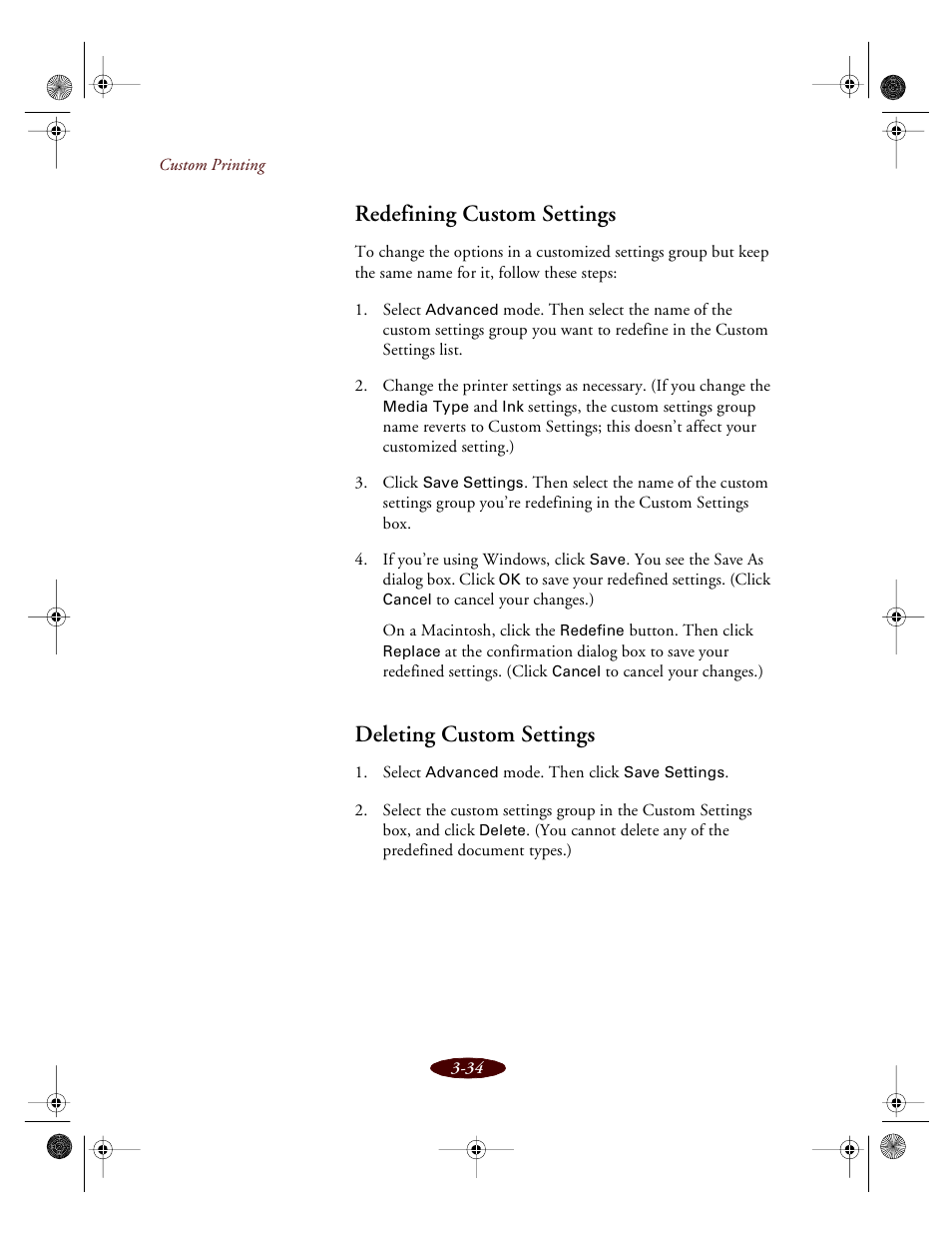 Redefining custom settings, Deleting custom settings | Epson 850 User Manual | Page 69 / 147