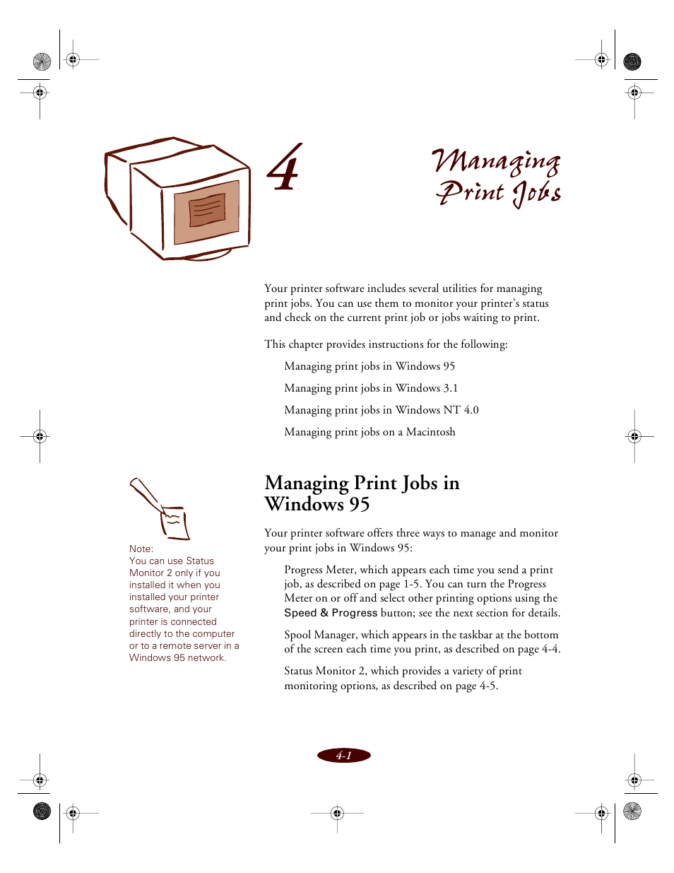 Chap 4-managing print jobs, Managing print jobs in windows 95, Managing print jobs | Epson 850 User Manual | Page 70 / 147