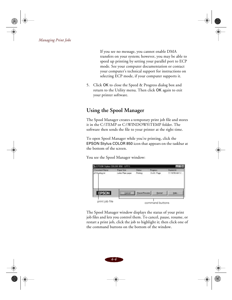 Using the spool manager | Epson 850 User Manual | Page 73 / 147