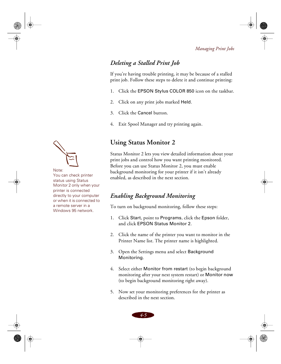 Using status monitor 2, Deleting a stalled print job, Enabling background monitoring | Epson 850 User Manual | Page 74 / 147