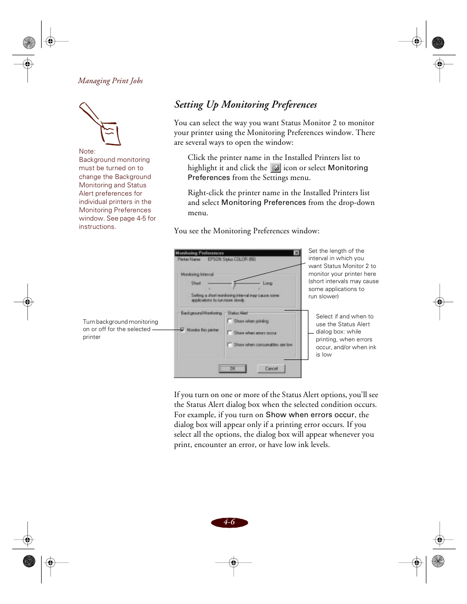 Setting up monitoring preferences | Epson 850 User Manual | Page 75 / 147
