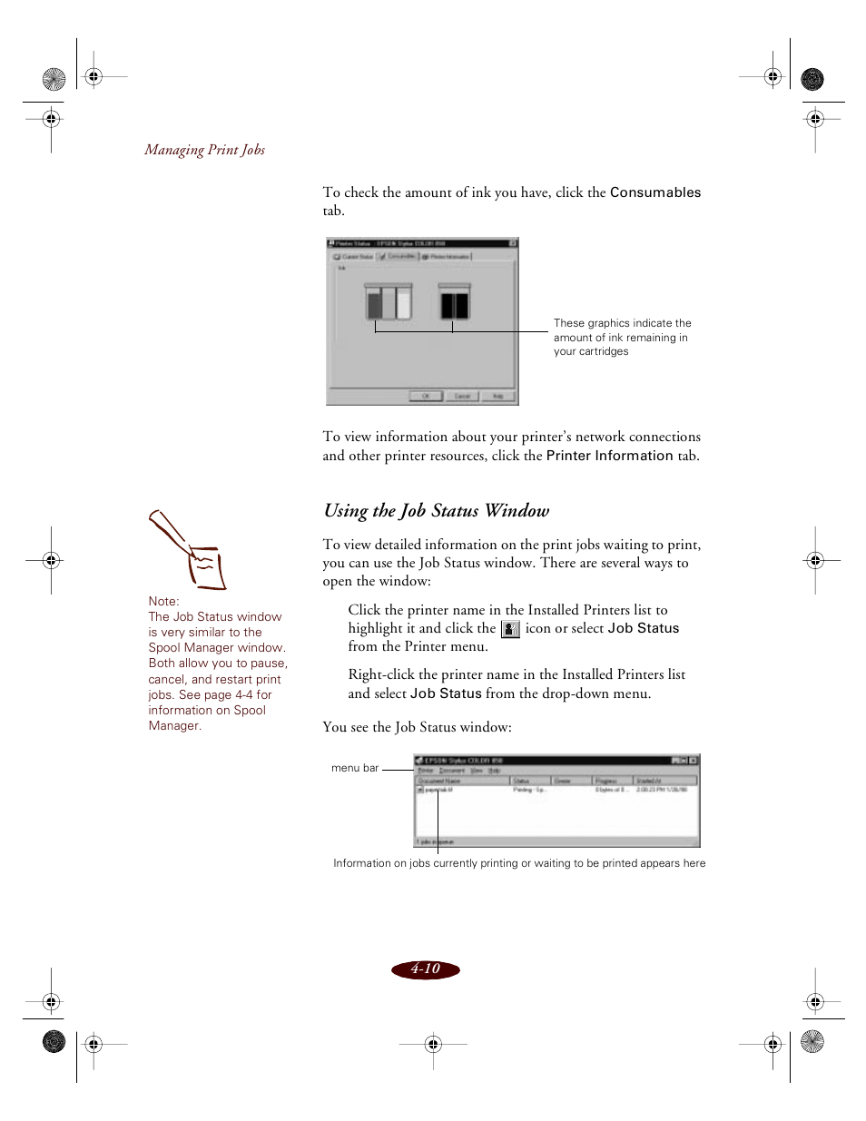 Using the job status window | Epson 850 User Manual | Page 79 / 147