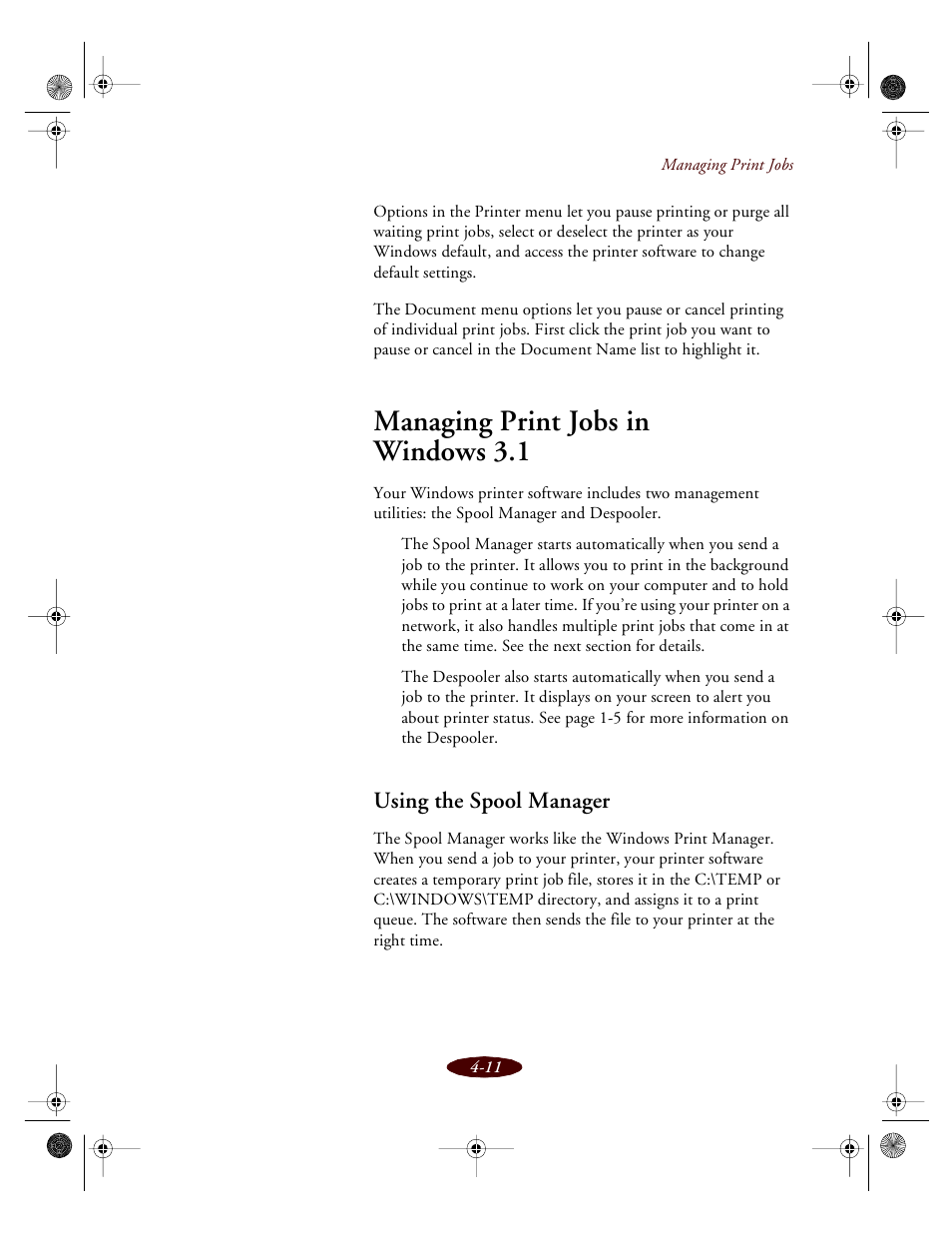 Managing print jobs in windows 3. 1, Using the spool manager, Managing print jobs in windows 3.1 | Epson 850 User Manual | Page 80 / 147