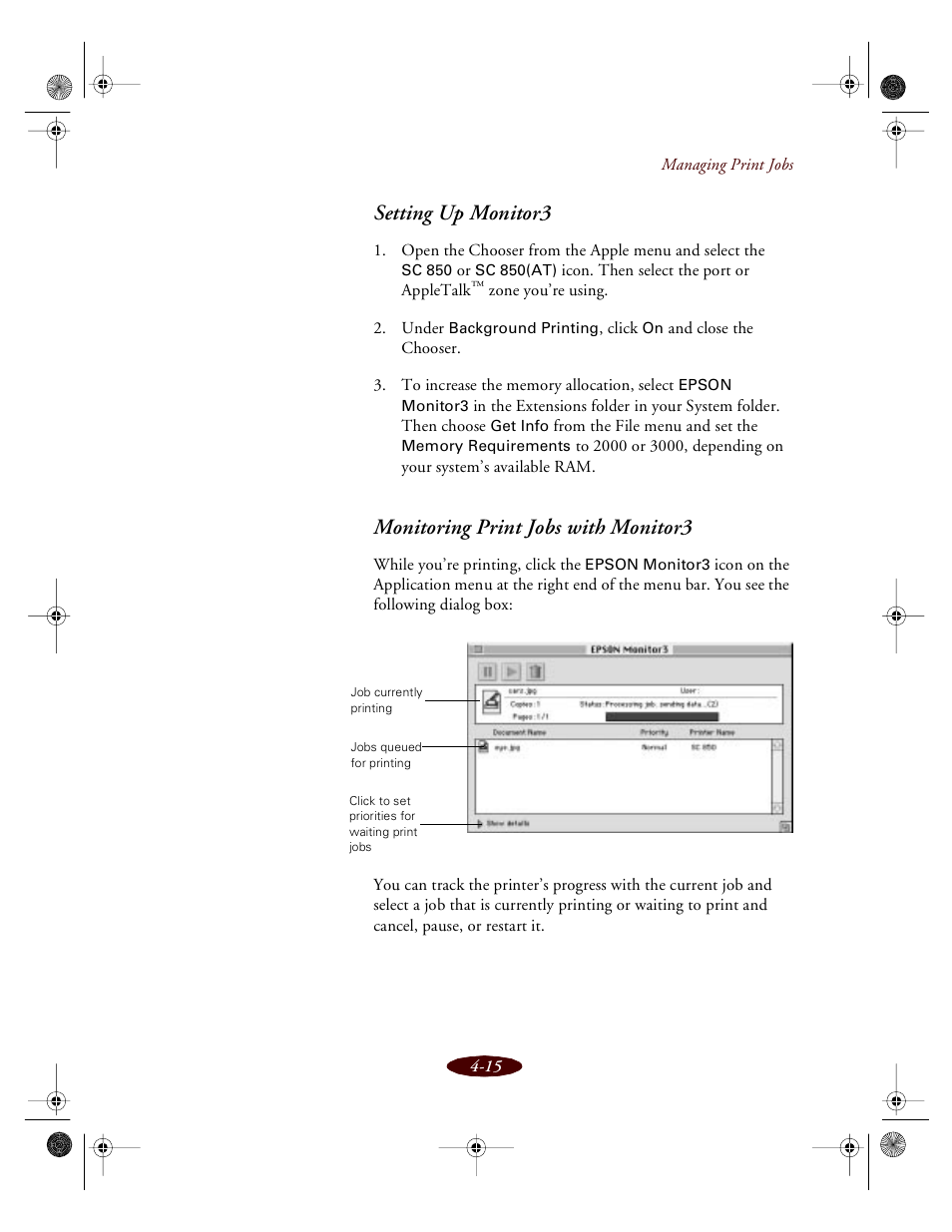 Setting up monitor3, Monitoring print jobs with monitor3 | Epson 850 User Manual | Page 84 / 147