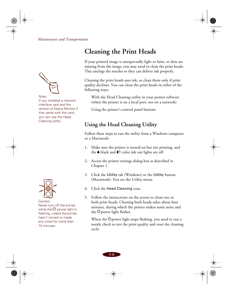 Cleaning the print heads, Using the head cleaning utility | Epson 850 User Manual | Page 93 / 147