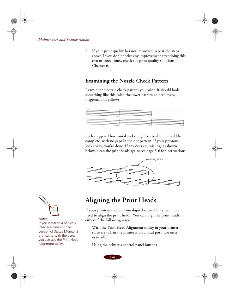 Examining the nozzle check pattern, Aligning the print heads | Epson 850 User Manual | Page 95 / 147