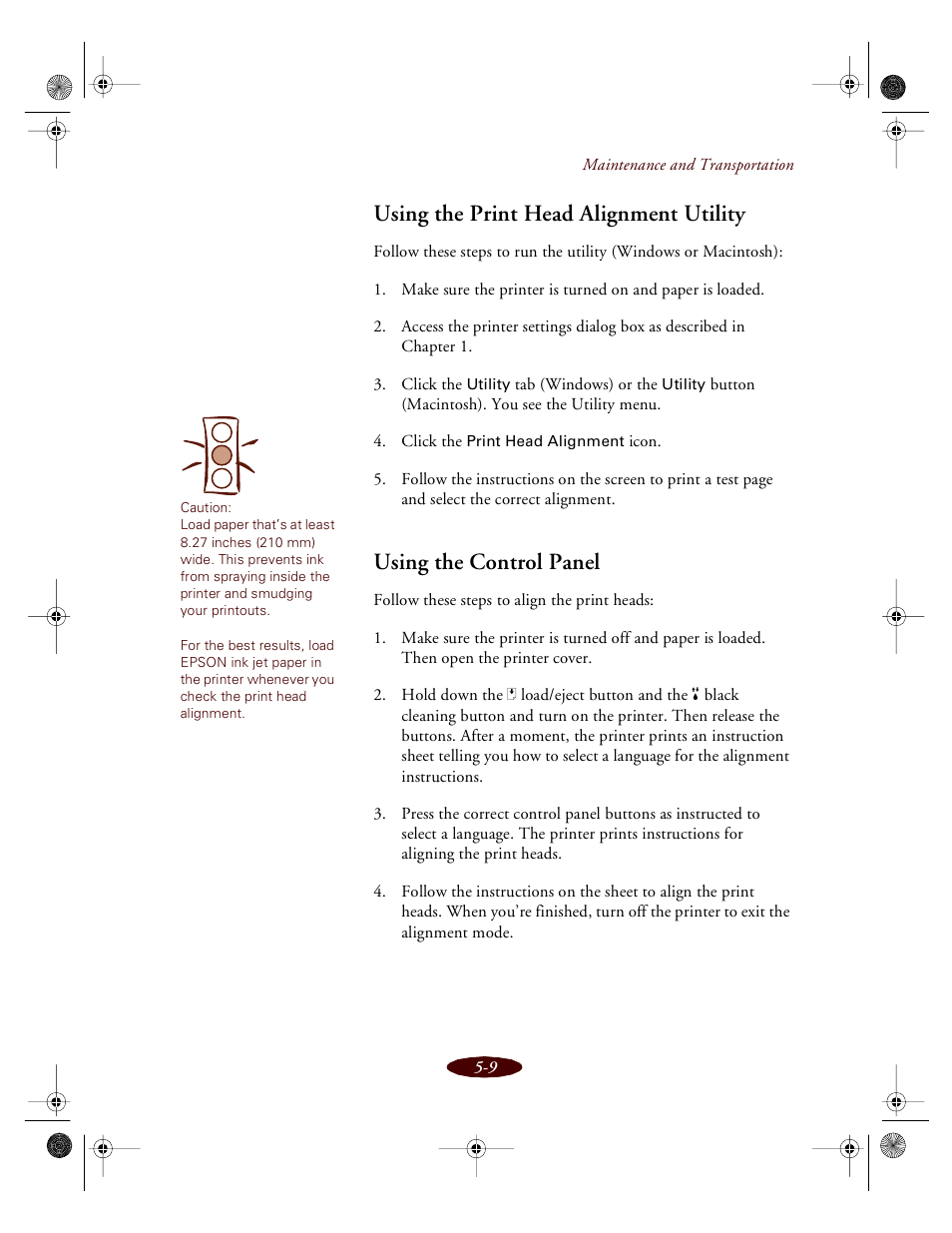 Using the print head alignment utility, Using the control panel | Epson 850 User Manual | Page 96 / 147