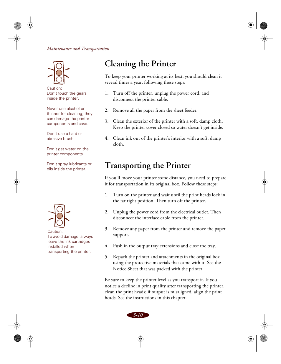 Cleaning the printer, Transporting the printer | Epson 850 User Manual | Page 97 / 147