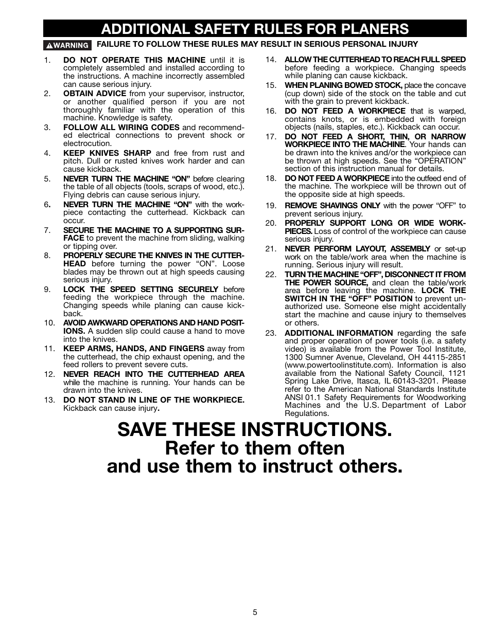 Additional safety rules for planers | Epson 22-681 User Manual | Page 5 / 24