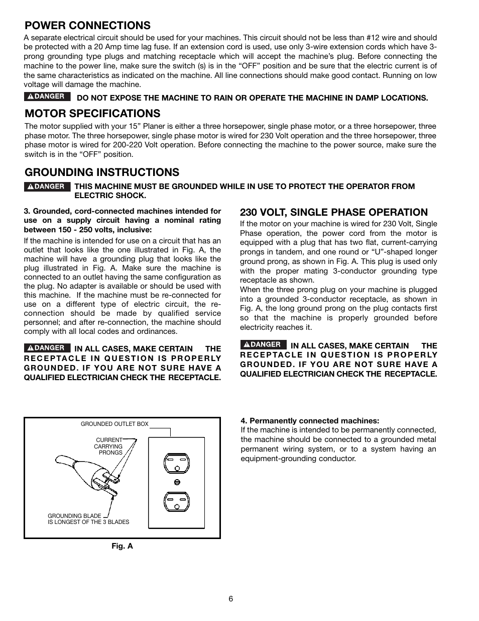 Power connections motor specifications, Grounding instructions, 230 volt, single phase operation | Epson 22-681 User Manual | Page 6 / 24