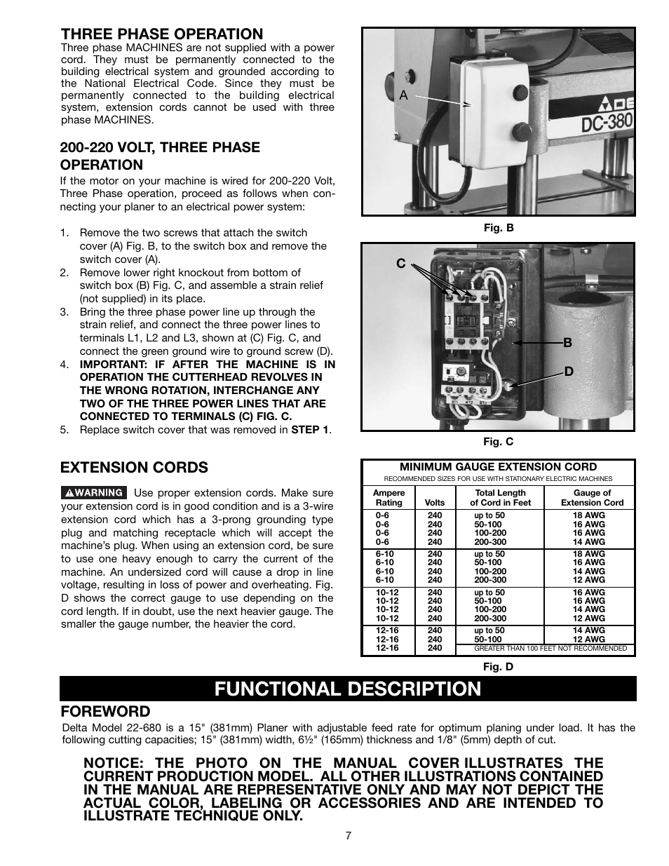 Functional description, Extension cords, Foreword | Three phase operation, 220 volt, three phase operation, Ab d c | Epson 22-681 User Manual | Page 7 / 24