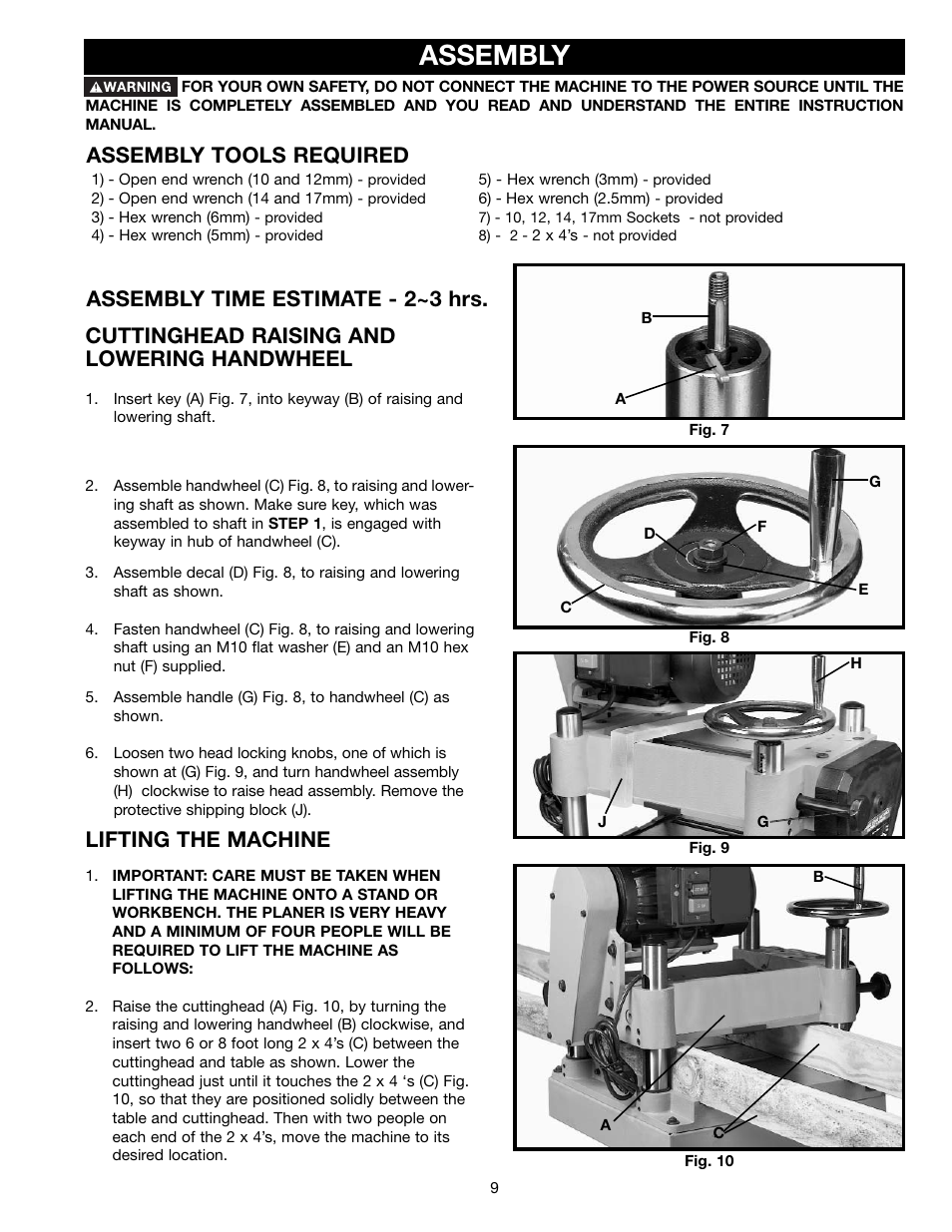 Assembly, Cuttinghead raising and lowering handwheel, Lifting the machine | Epson 22-681 User Manual | Page 9 / 24