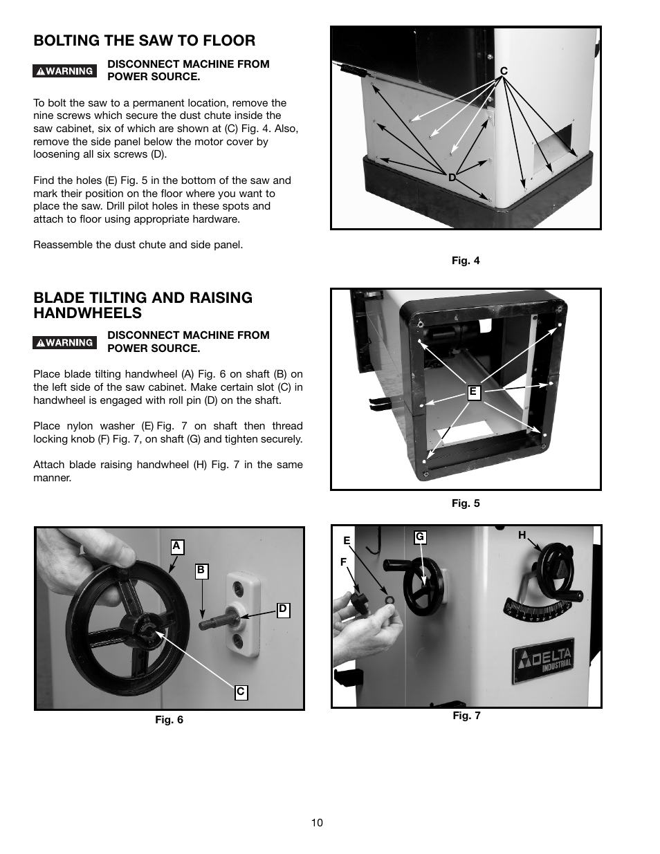 Bolting the saw to floor, Blade tilting and raising handwheels | Epson 36-714 User Manual | Page 10 / 32