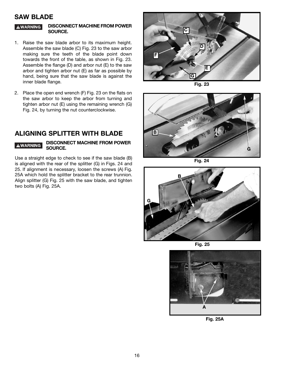 Saw blade, Aligning splitter with blade | Epson 36-714 User Manual | Page 16 / 32