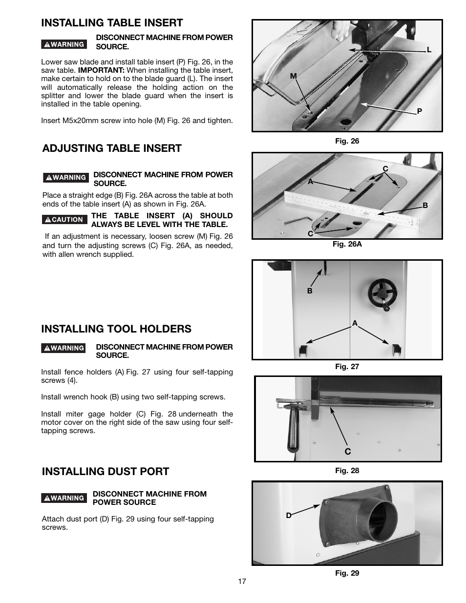 Installing table insert, Installing tool holders, Installing dust port | Adjusting table insert | Epson 36-714 User Manual | Page 17 / 32