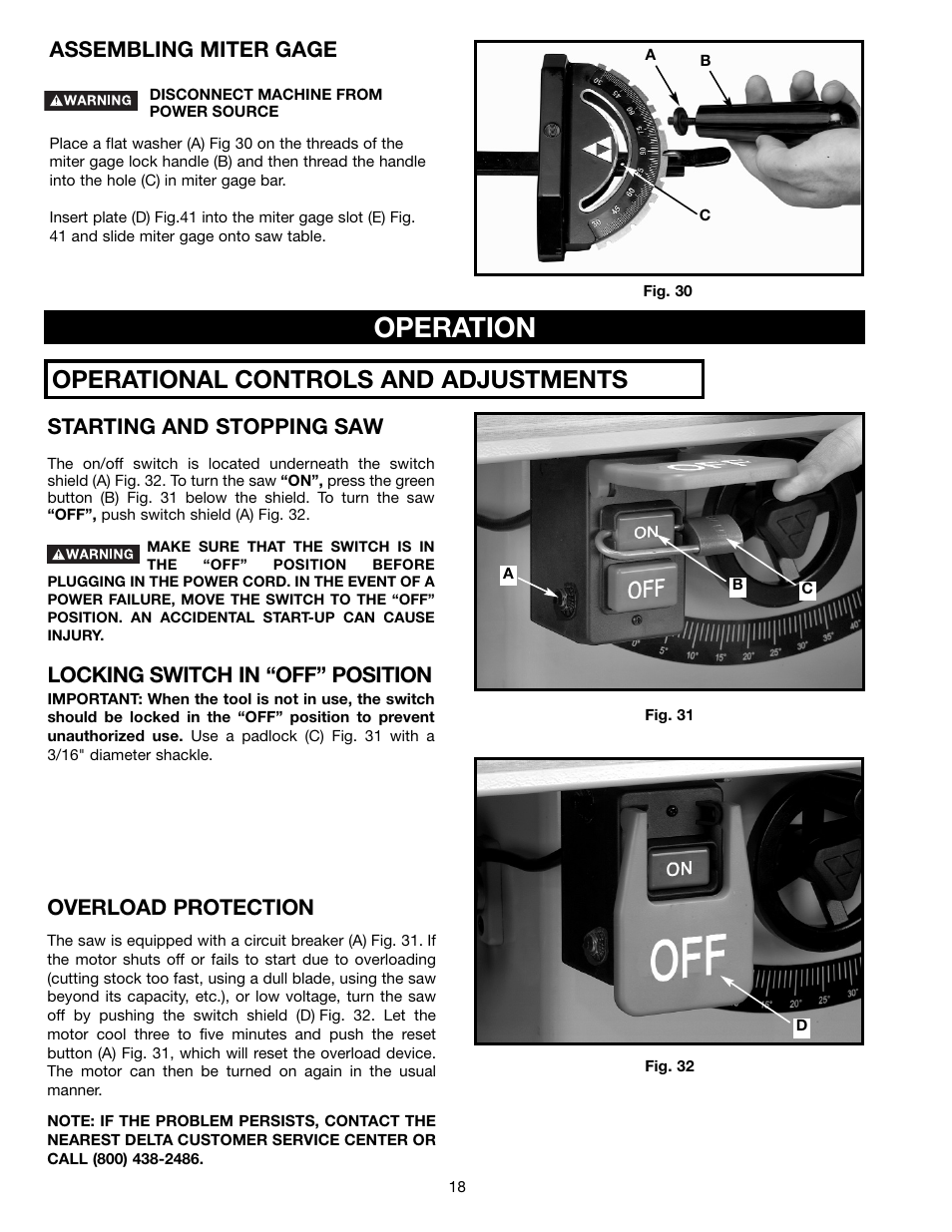 Operation, Operational controls and adjustments, Assembling miter gage | Starting and stopping saw, Locking switch in “off” position, Overload protection | Epson 36-714 User Manual | Page 18 / 32