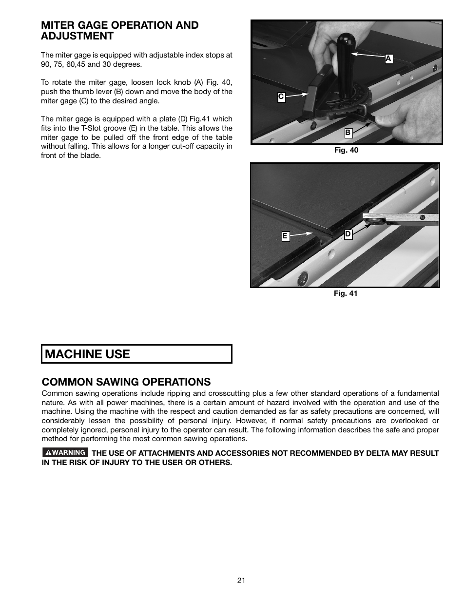 Machine use, Miter gage operation and adjustment, Common sawing operations | Epson 36-714 User Manual | Page 21 / 32