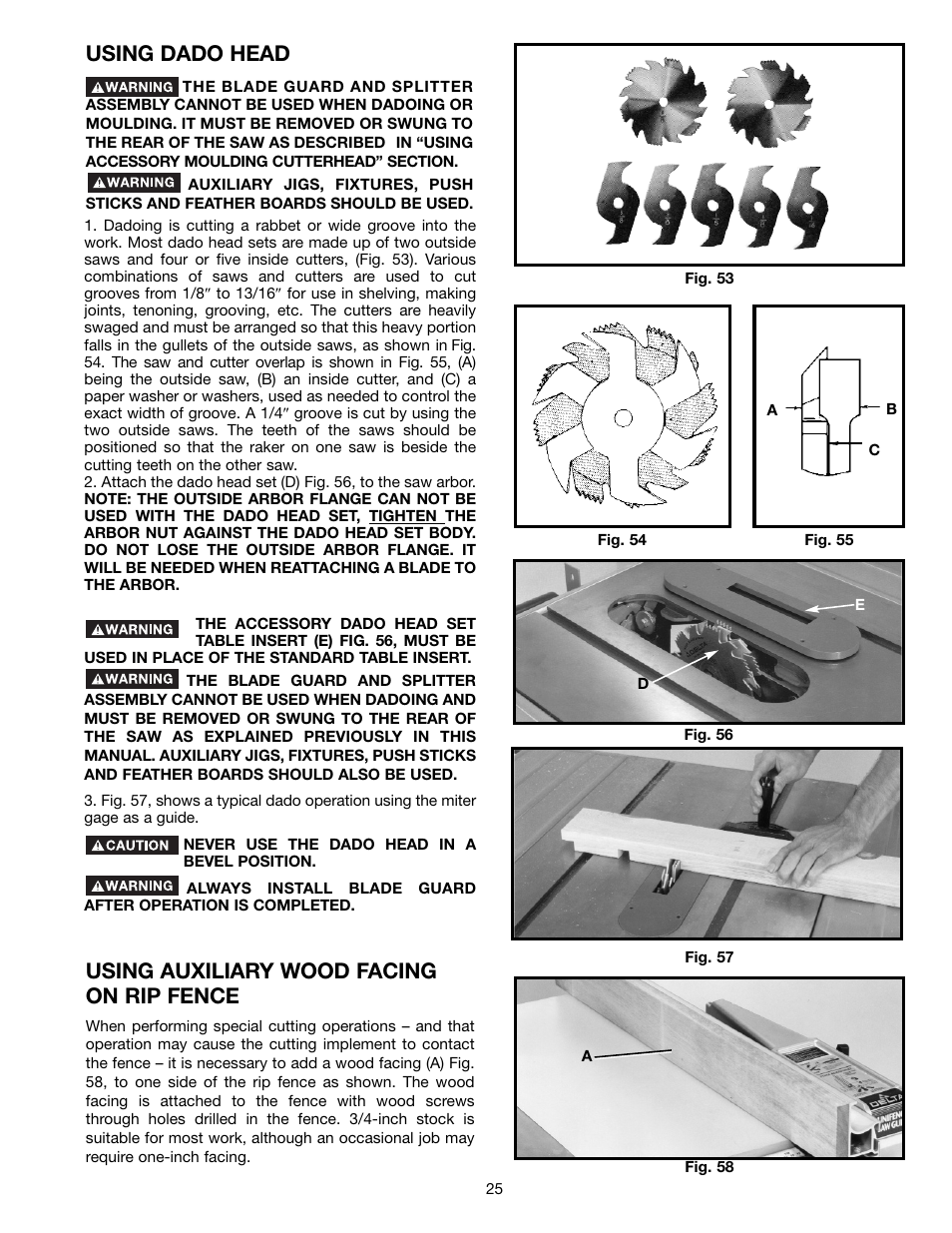 Using dado head, Using auxiliary wood facing on rip fence | Epson 36-714 User Manual | Page 25 / 32