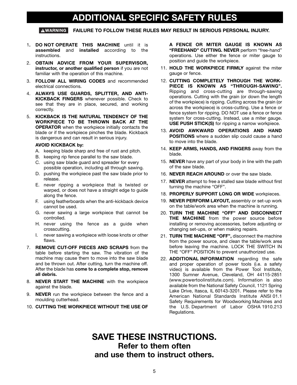 Additional specific safety rules, Save these instructions | Epson 36-714 User Manual | Page 5 / 32