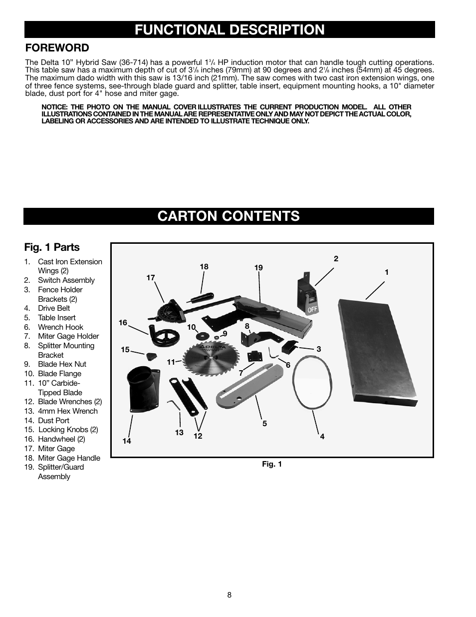 Carton contents, Functional description, Fig. 1 parts | Foreword | Epson 36-714 User Manual | Page 8 / 32