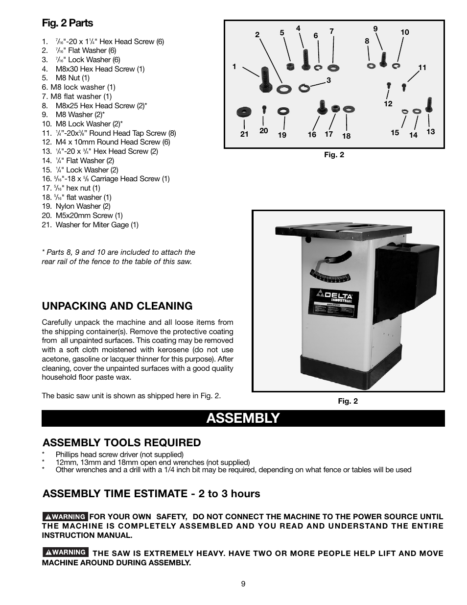 Assembly, Unpacking and cleaning, Assembly tools required | Assembly time estimate - 2 to 3 hours, Fig. 2 parts | Epson 36-714 User Manual | Page 9 / 32