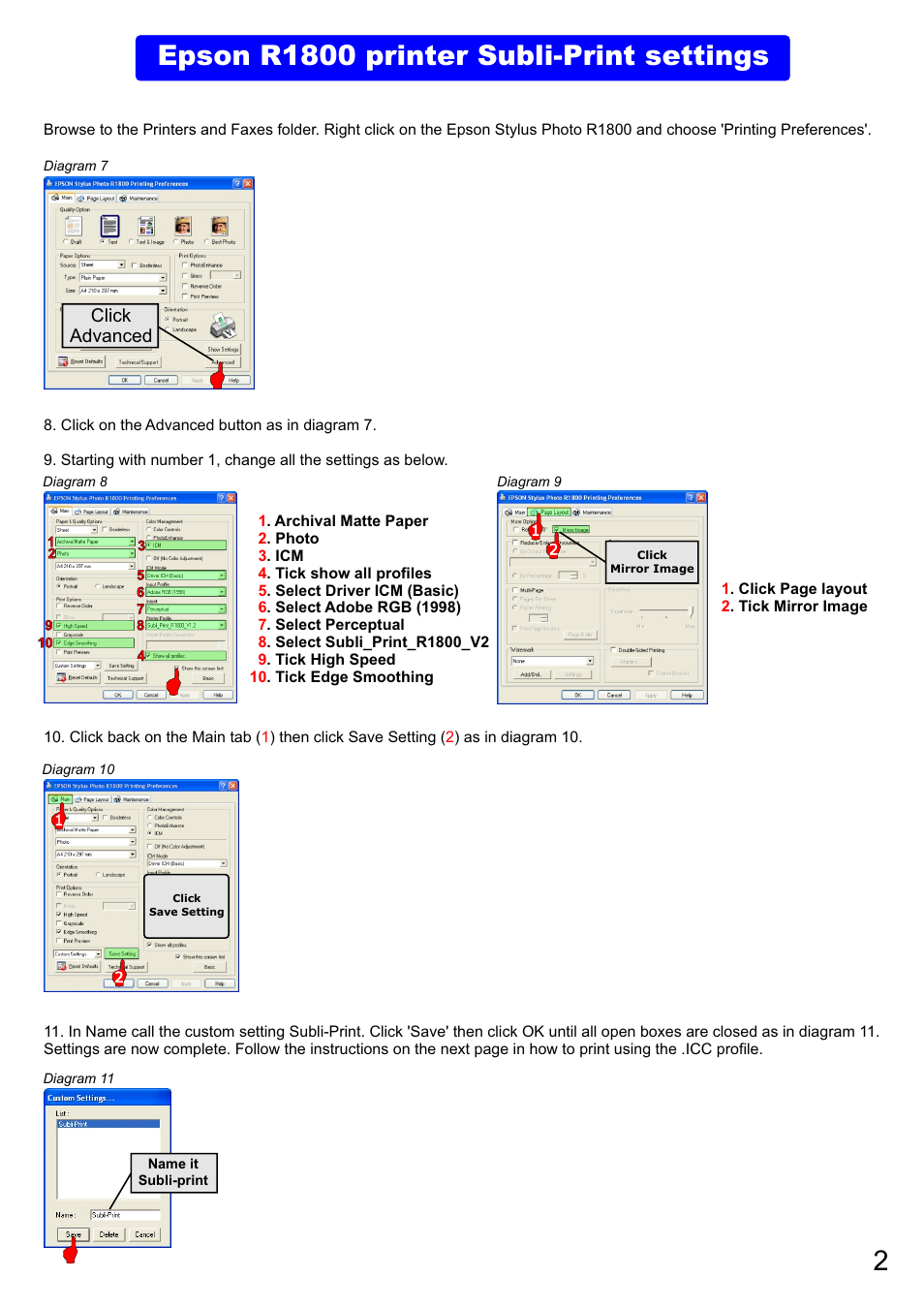 Epson r1800 printer subli-print settings, Click advanced | Epson R1800 User Manual | Page 4 / 14