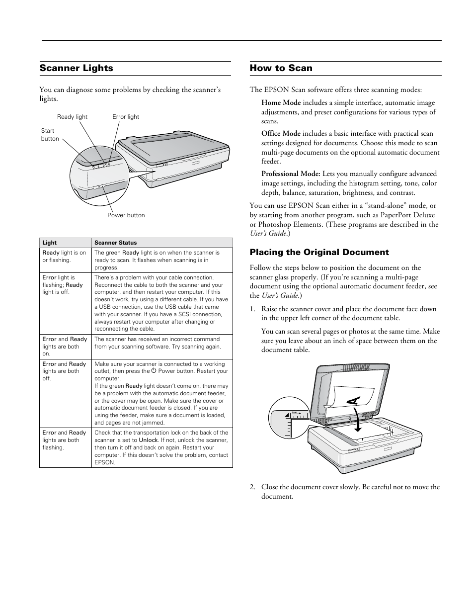 Scanner lights, How to scan, Placing the original document | Epson GT-15000 User Manual | Page 5 / 7