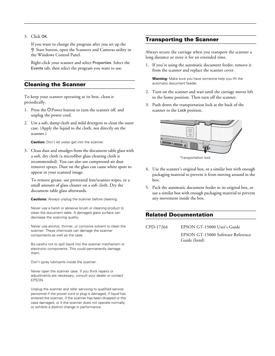 Cleaning the scanner, Transporting the scanner, Related documentation | Epson GT-15000 User Manual | Page 7 / 7