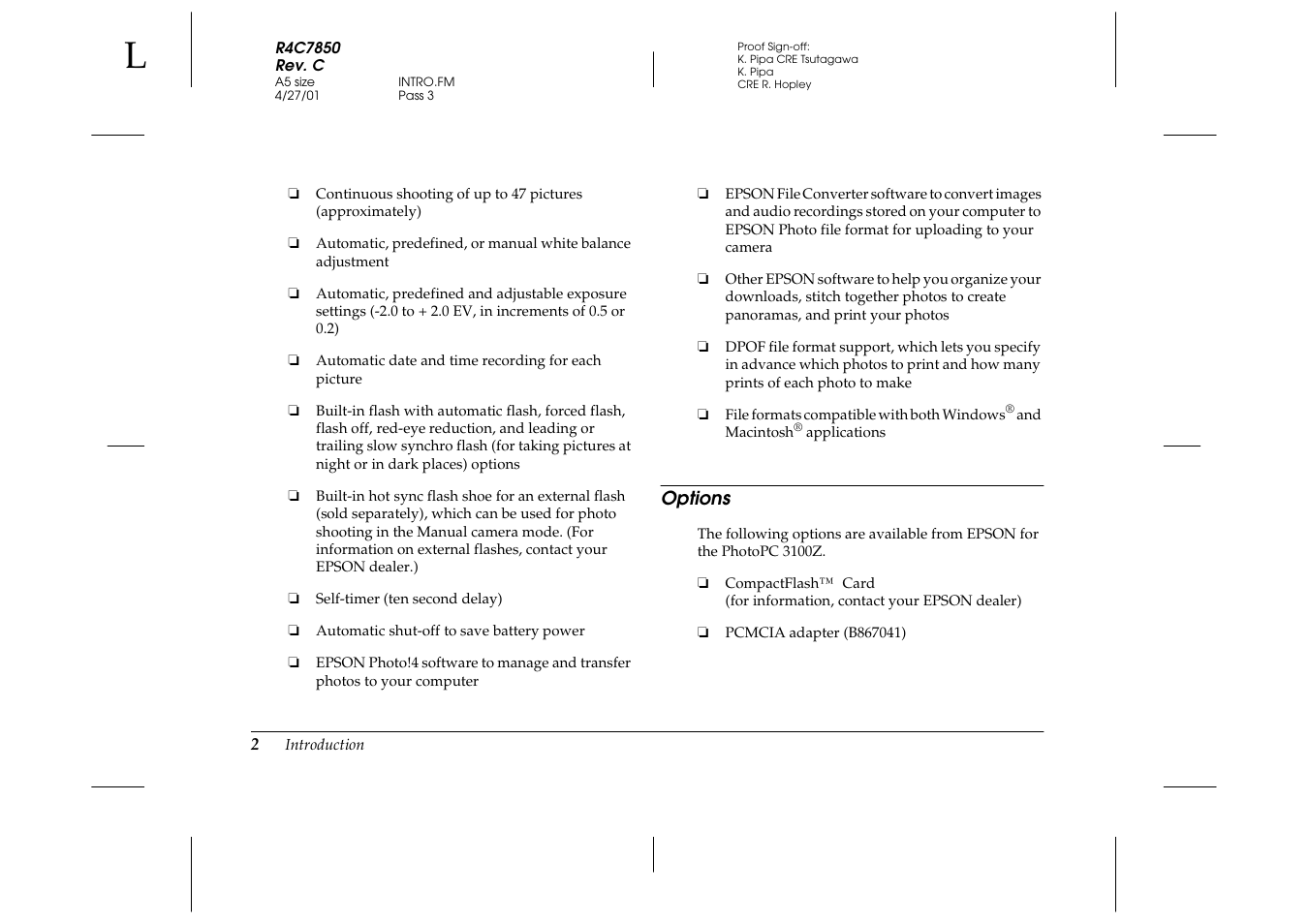 Options | Epson PhotoPC 3100Z User Manual | Page 10 / 143
