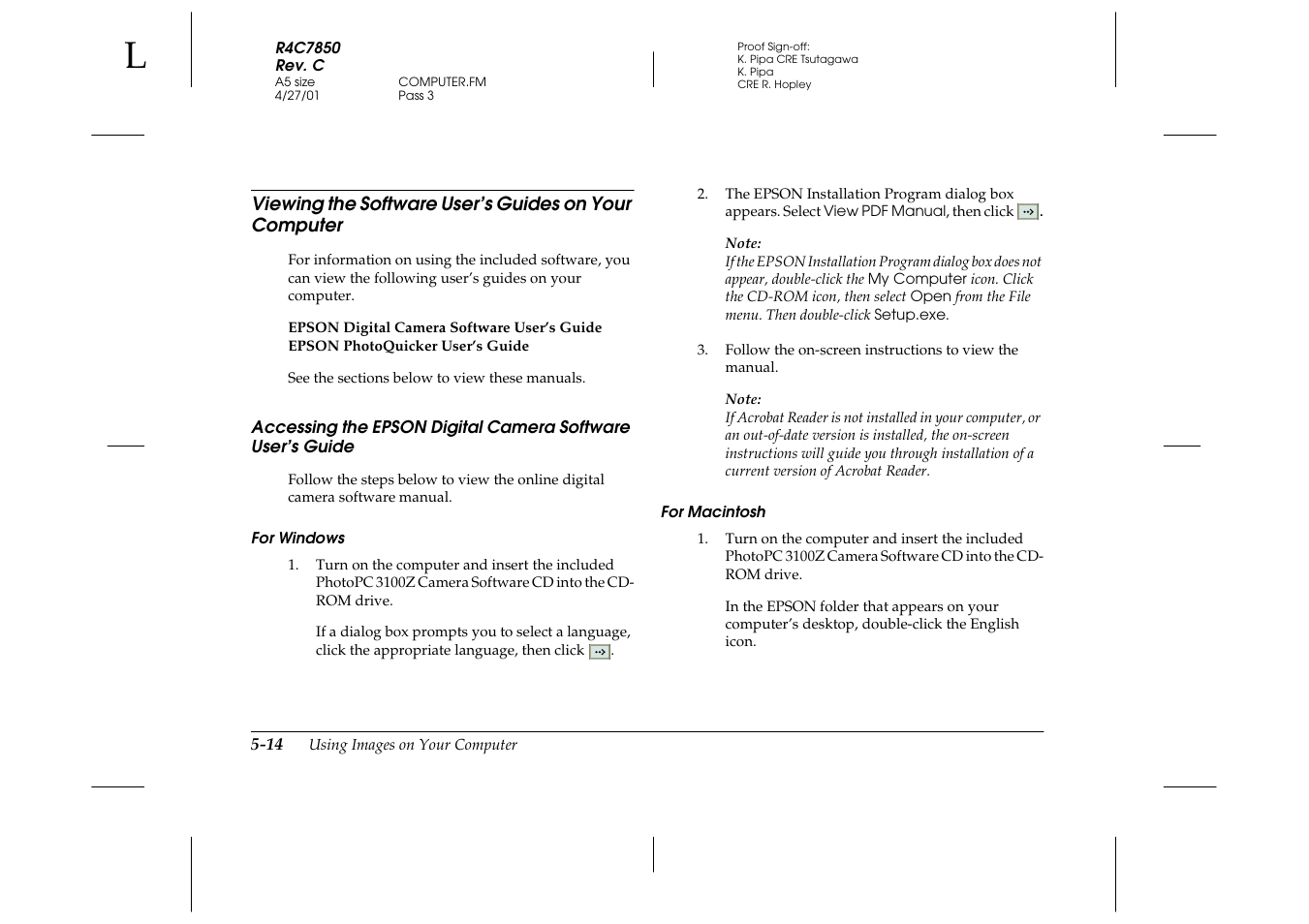 For windows, For macintosh, Viewing the software user’s guides on | Your computer -14, Accessing the epson digital camera, Software user’s guide -14 | Epson PhotoPC 3100Z User Manual | Page 100 / 143