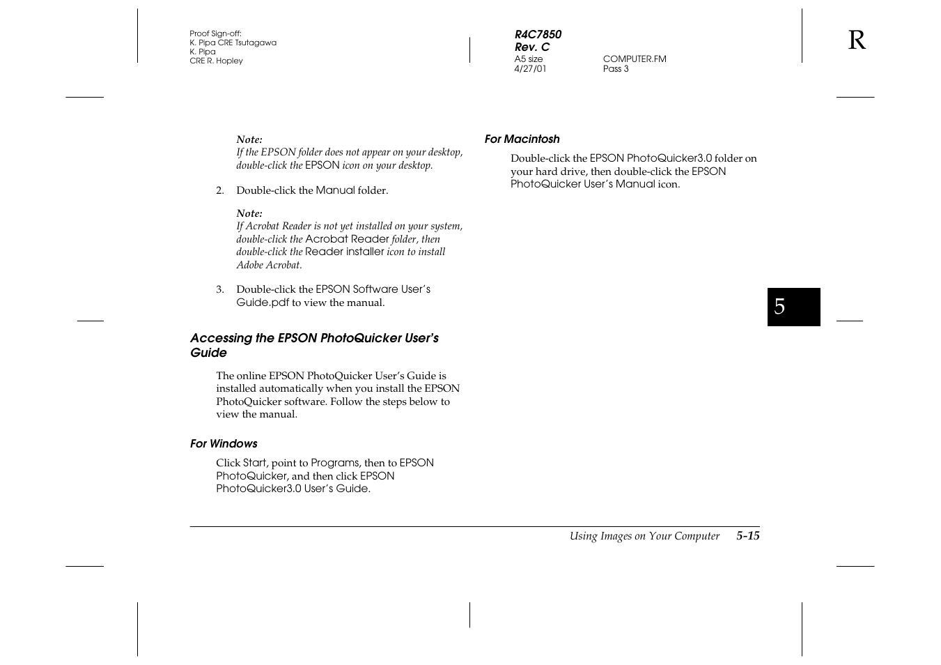 Accessing the epson photoquicker user’s guide, For windows, For macintosh | Accessing the epson photoquicker, User’s guide -15 | Epson PhotoPC 3100Z User Manual | Page 101 / 143