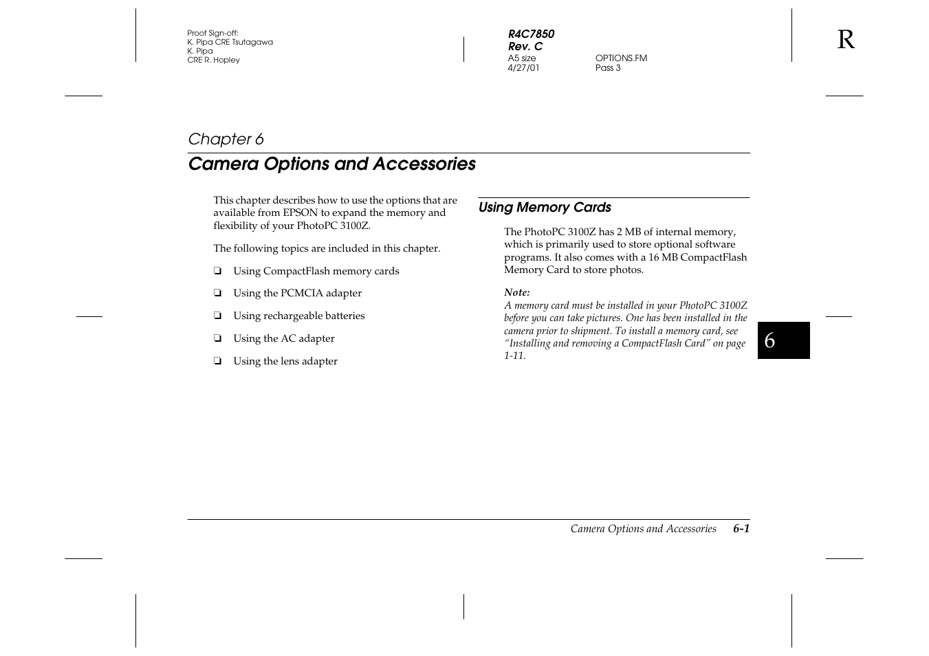 Camera options and accessories, Using memory cards, Chapter 6 | Using memory cards -1 | Epson PhotoPC 3100Z User Manual | Page 103 / 143