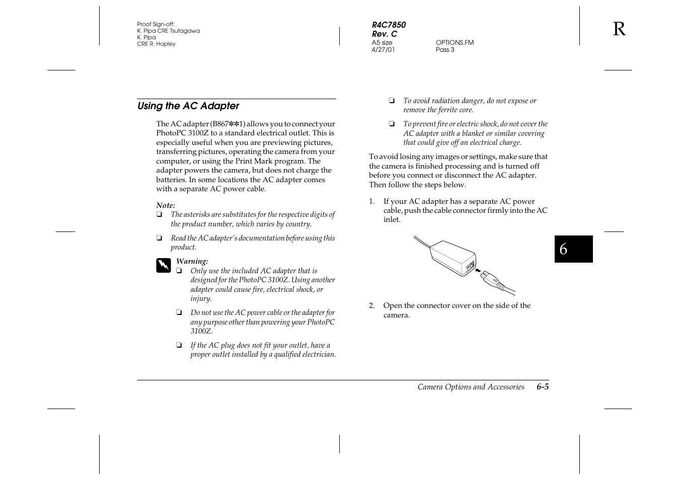 Using the ac adapter, Using the ac adapter -5 | Epson PhotoPC 3100Z User Manual | Page 107 / 143