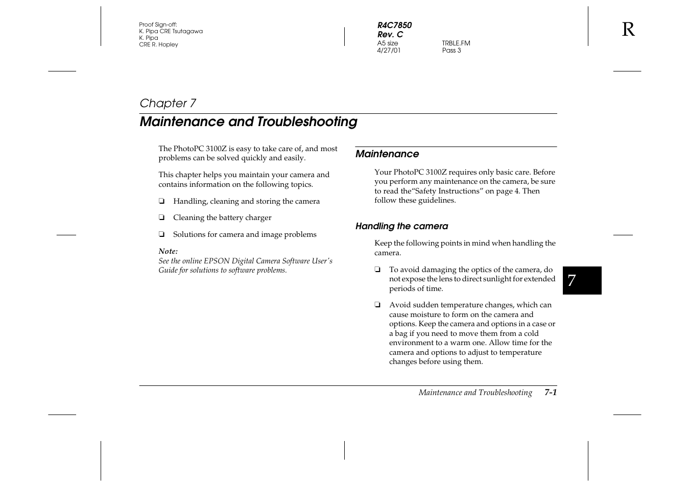 Maintenance and troubleshooting, Maintenance, Handling the camera | Chapter 7 m, Maintenance -1, Handling the camera -1, Chapter 7 | Epson PhotoPC 3100Z User Manual | Page 109 / 143