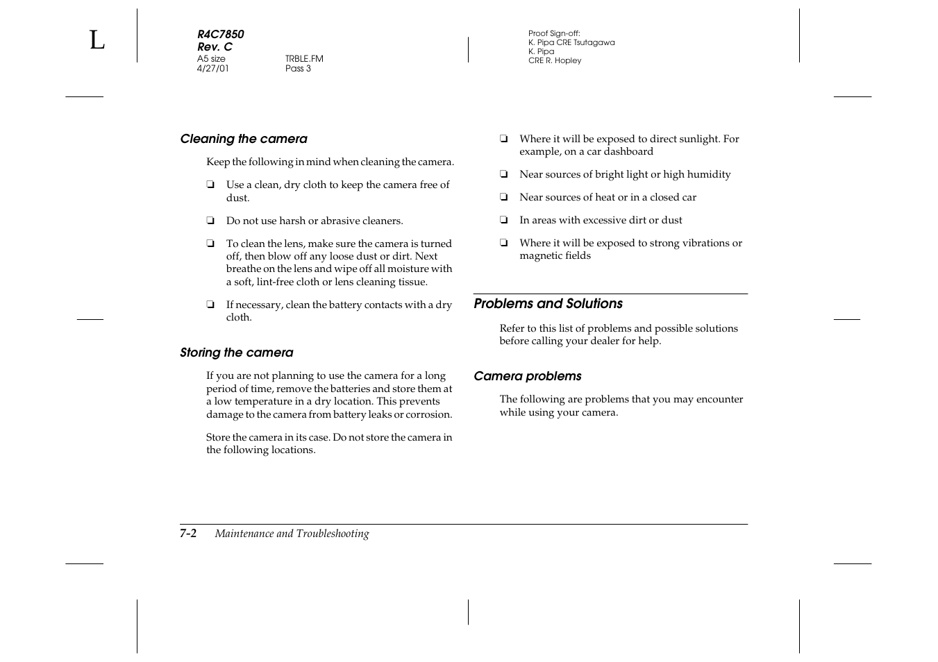 Cleaning the camera, Storing the camera, Problems and solutions | Camera problems, Cleaning the camera -2 storing the camera -2, Problems and solutions -2, Camera problems -2 | Epson PhotoPC 3100Z User Manual | Page 110 / 143